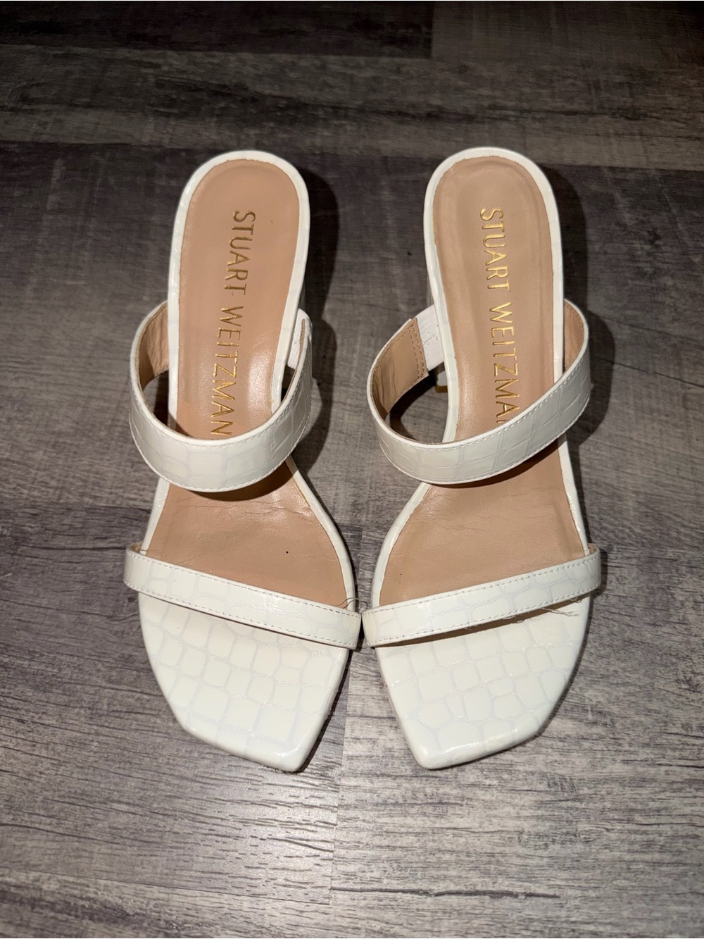 Stuart Weitzman White Croc-Embossed Double-Strap Slide Mules